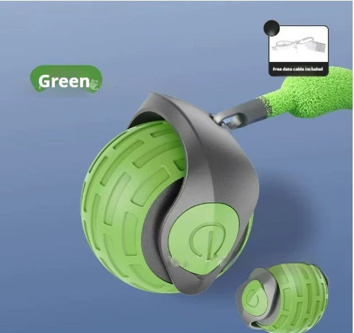 Green and gray exercise roller with a cable attachment on a blue background