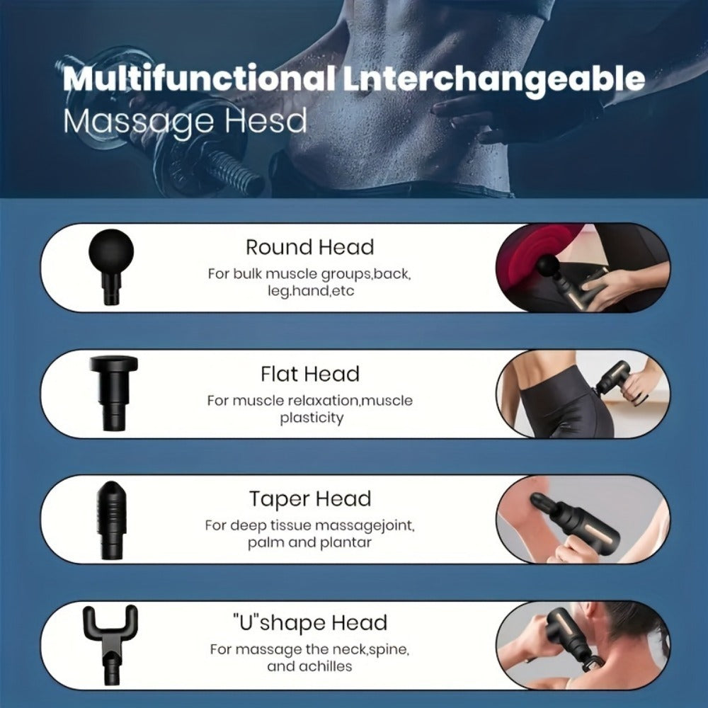 Portable massage gun with multifunctional interchangeable massage heads for targeted muscle relief