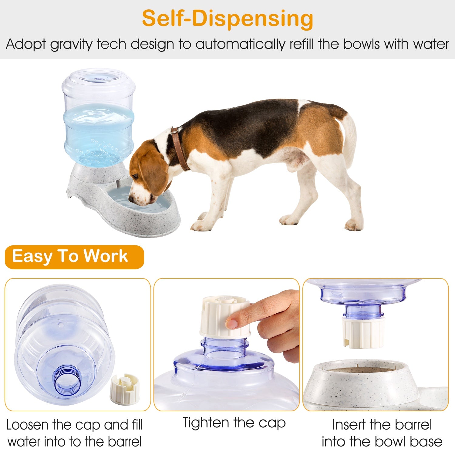 Pet water dispenser with a dog drinking from it, featuring text on self-dispensing and ease of use.