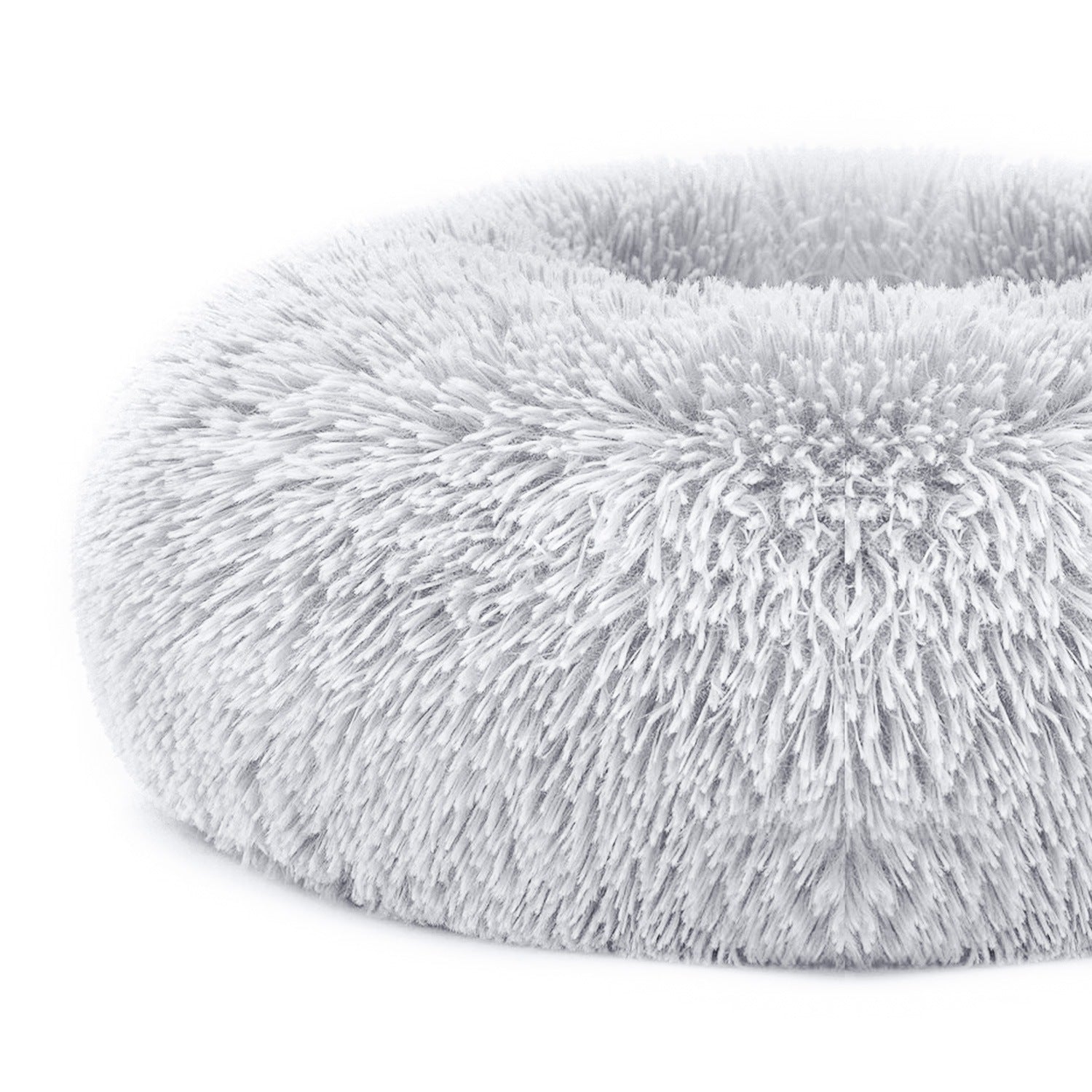 Fluffy gray pet bed on a white background