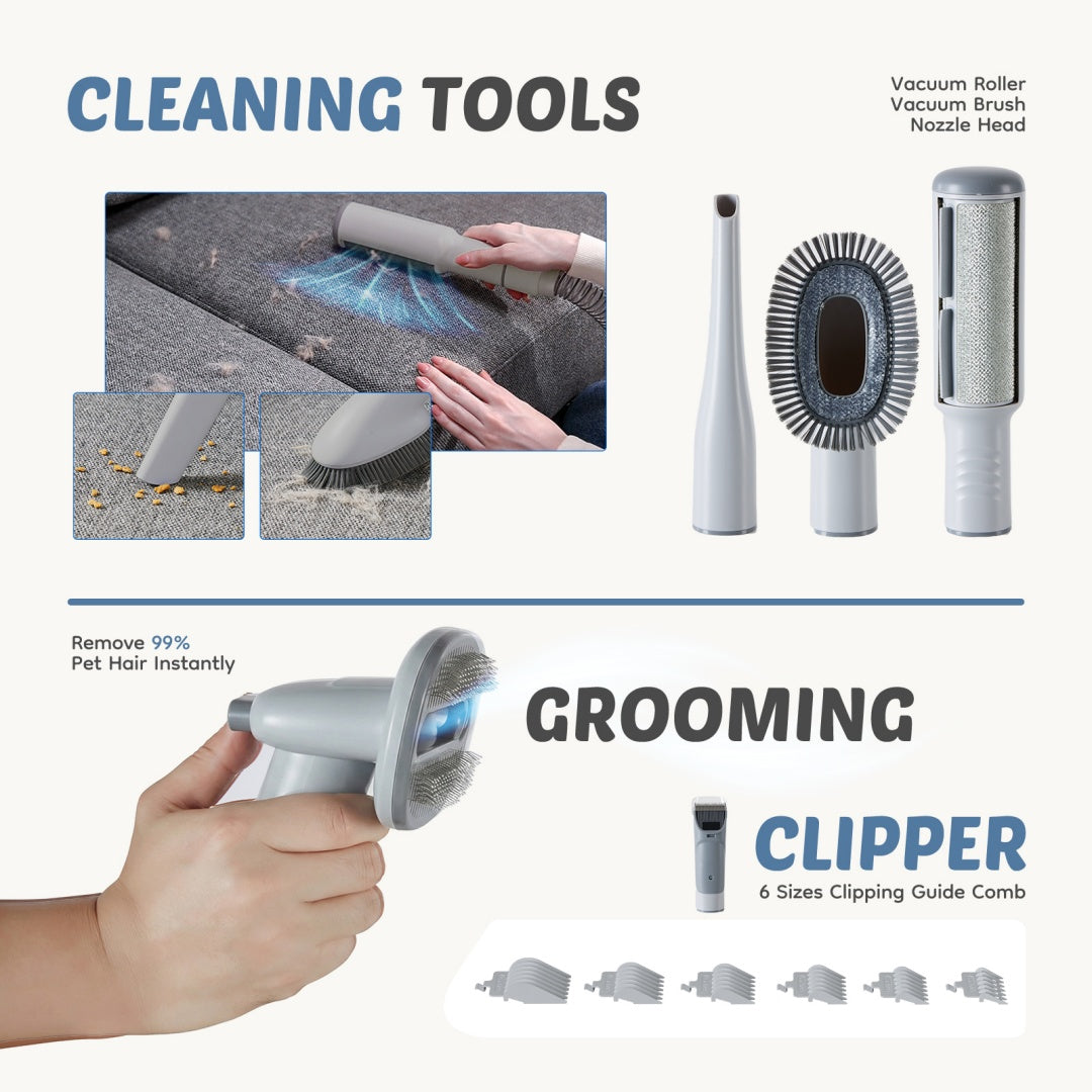 Complete pet grooming solution featuring cordless clippers, grooming attachments, and integrated vacuum system for cleaner grooming sessions