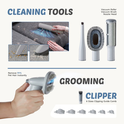 Complete pet grooming solution featuring cordless clippers, grooming attachments, and integrated vacuum system for cleaner grooming sessions