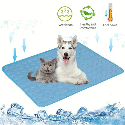 Cooling pad for pets with two dogs and a cat on it, surrounded by ice cubes and cooling icons.