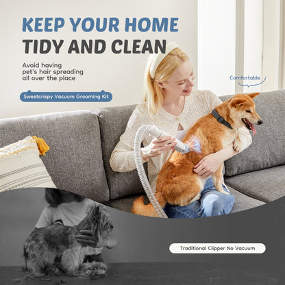 Woman using a Sweetcrispy Vacuum Grooming Kit on a dog with text about keeping homes tidy and clean.