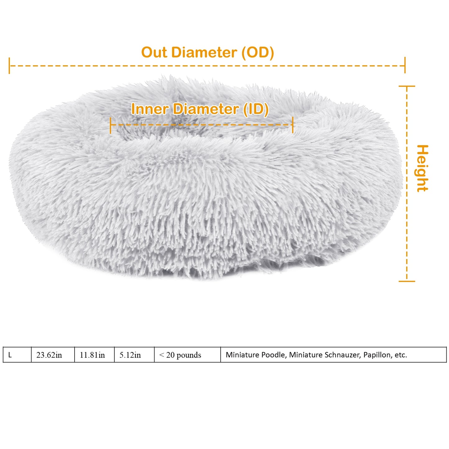 Measurement chart of a fluffy pet bed with labeled dimensions on a white background.
