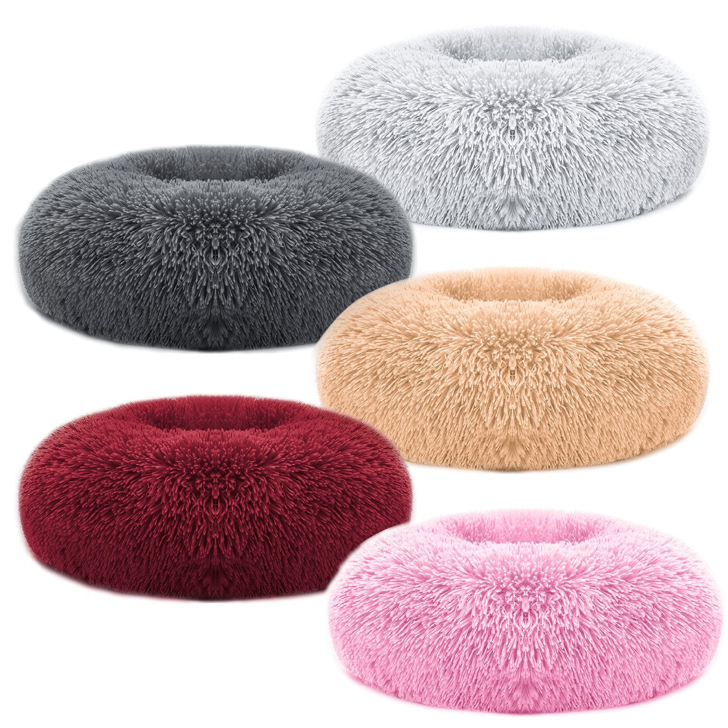 Set of five fluffy donut pet beds in different colors on a white background