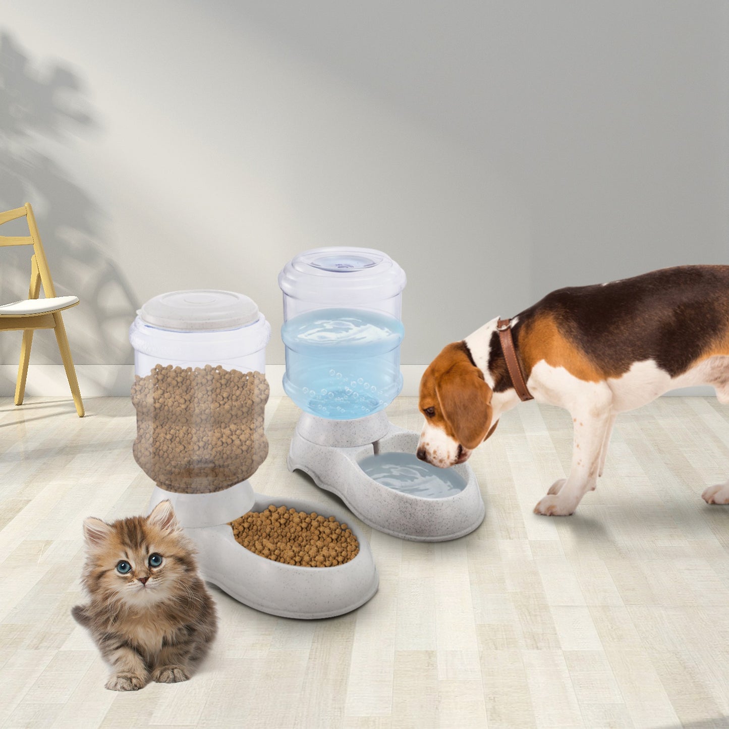 Pet feeding station with bowls for a dog and a cat on a light wooden floor.