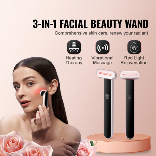 Portable rechargeable LED facial therapy wand featuring red light treatment, gentle heat, and vibration massage for face, neck, and jawline skincare