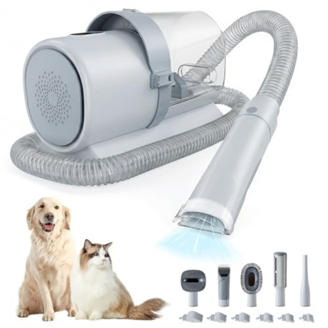Pet grooming vacuum kit with powerful suction, cordless clippers, and grooming attachments designed to collect loose pet hair while grooming dogs and cats