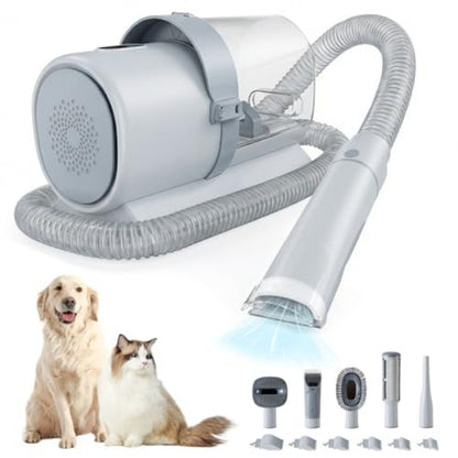 Pet grooming vacuum kit with powerful suction, cordless clippers, and grooming attachments designed to collect loose pet hair while grooming dogs and cats