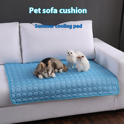 Pet sofa cushion with a dog and two cats on a blue cooling pad