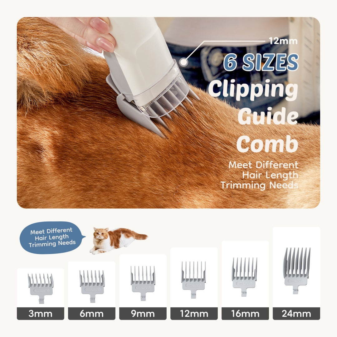 Clipping guide comb for pet grooming with different size options displayed.