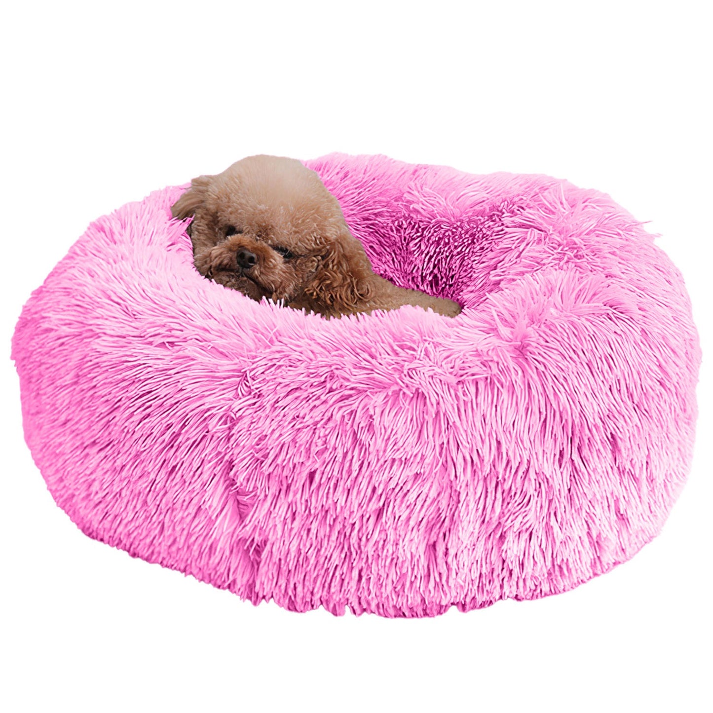 Pink fluffy pet bed with a small brown dog lying on it 