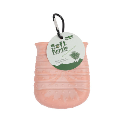 Pink pet paw cleaner brush with a carabiner and label soft gentle