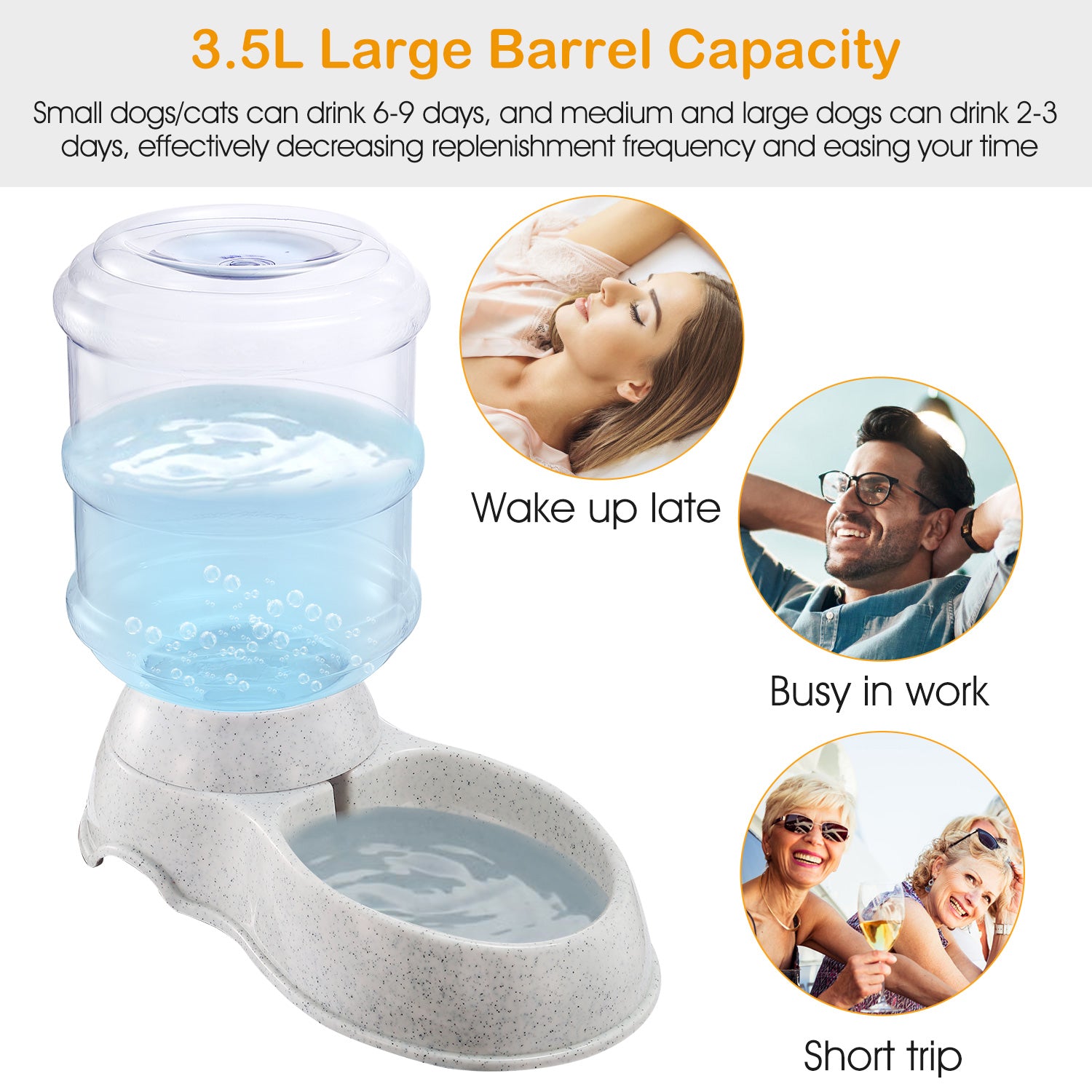 Portable gravity-fed pet water dispenser with easy-clean design, large water container, and durable construction for convenient pet care at home or while traveling
