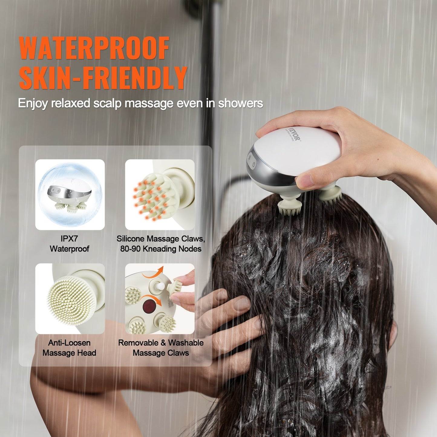 Waterproof scalp massager for wet and dry use in the shower or at home