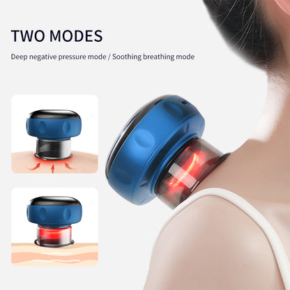 Blue neck massager device with two modes on a white background