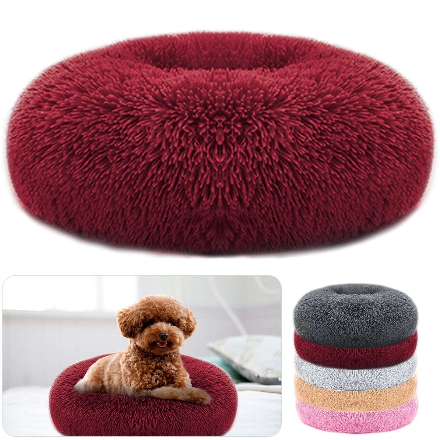 Fluffy donut pet bed in red with a dog sitting on it, and additional color options shown 