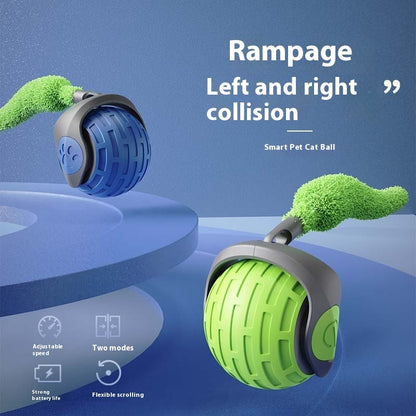 Two smart pet cat balls, one blue and one green, on a blue background with text about their features.