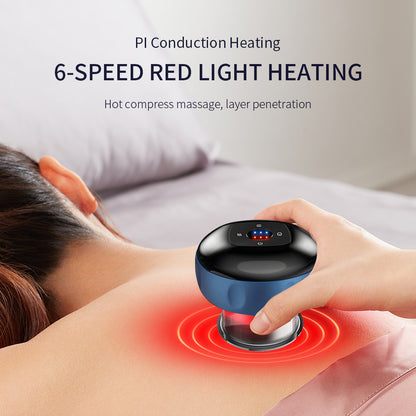 Person using a 6-speed red light heating device on their shoulder with text about PI Conduction Heating.