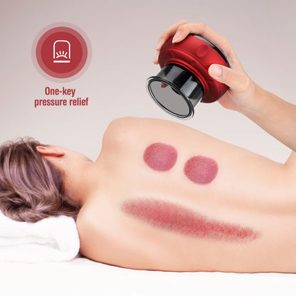 Person using a red massage device on their back with visible bruises, labeled 'One-key pressure relief'.