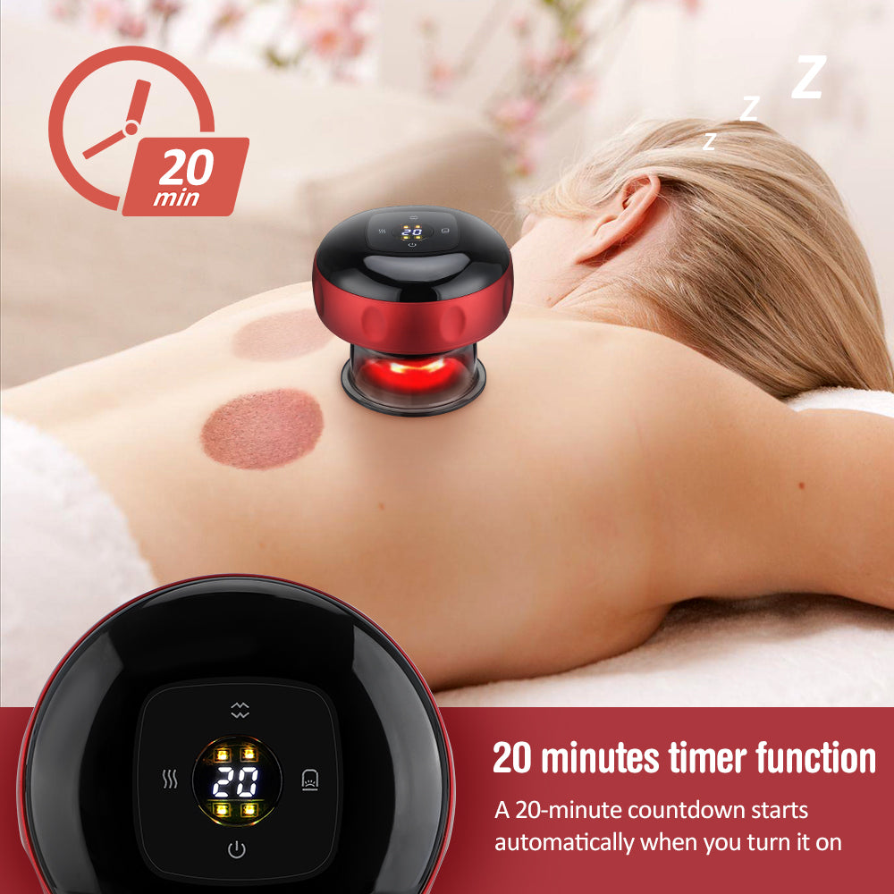 Woman receiving neck massage from a handheld device with a 20-minute timer display.