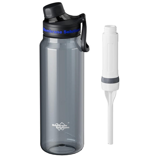 Gray water bottle with black cap and white filter 