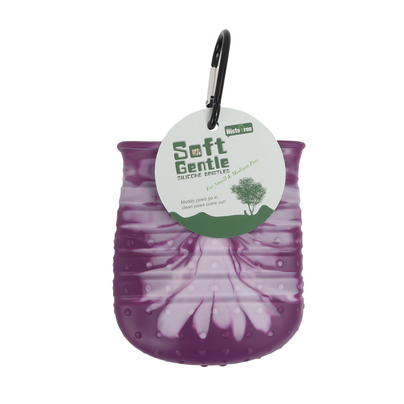 Purple silicone duster with a tag on a white background