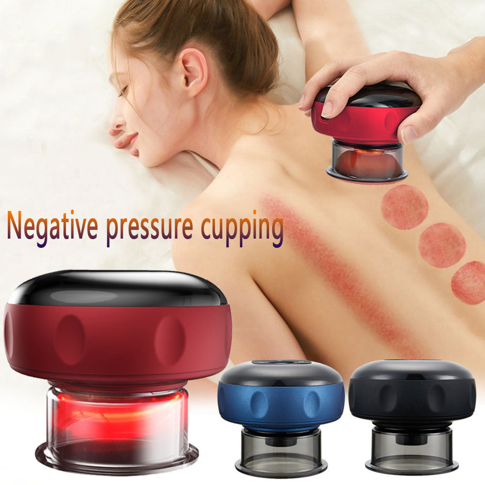Woman receiving cupping therapy on her back with three cupping devices displayed.