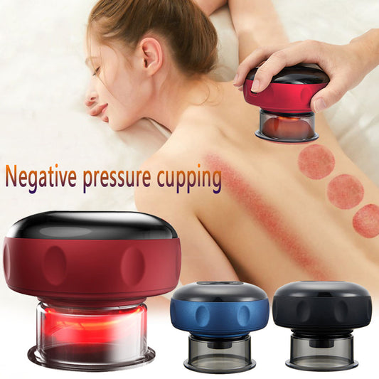 Woman receiving cupping therapy on her back with three cupping devices displayed.