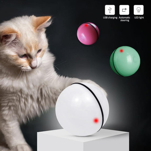 Cat playing with a self-spinning ball toy with USB charging, automatic steering, and LED light features.