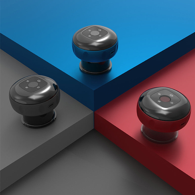 Three black cylindrical objects on a blue, red, and gray geometric background