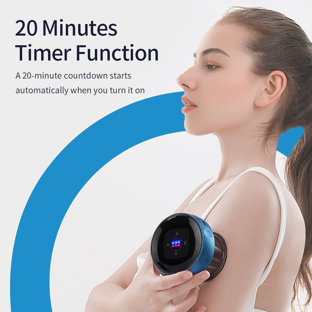 Woman using a handheld device on her shoulder with text about a 20-minute timer function.