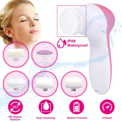 Waterproof facial cleansing brush with 5 interchangeable brush heads