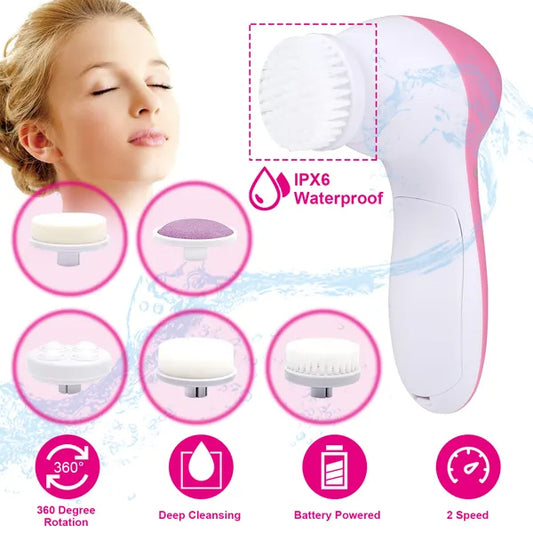 Waterproof facial cleansing brush with 5 interchangeable brush heads