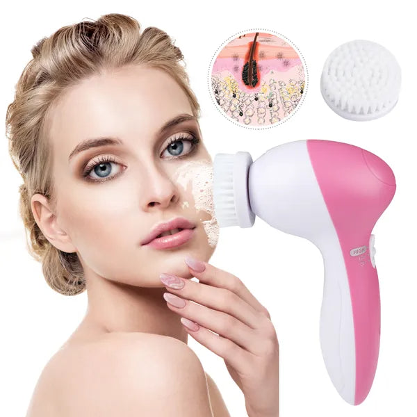 Facial cleansing brush with 5 interchangeable brush heads