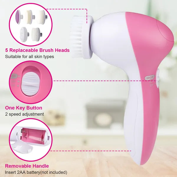 Facial cleansing brush with 5 interchangeable brush heads